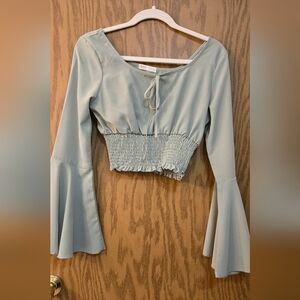 ROMWE Light Mint Green Smocked Crop Top with Bell Sleeves. Size Small